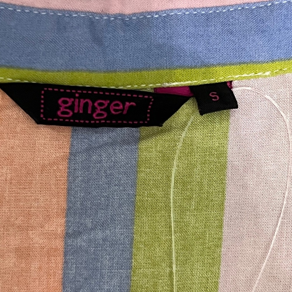 Ginger Womens Pastel Rainbow Striped Button Down Short Sleeve Cropped Shirt S - Picture 5 of 7